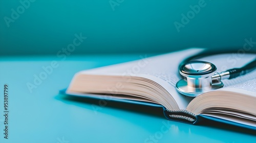 A stethoscope resting on an open medical textbook with a light solid color background