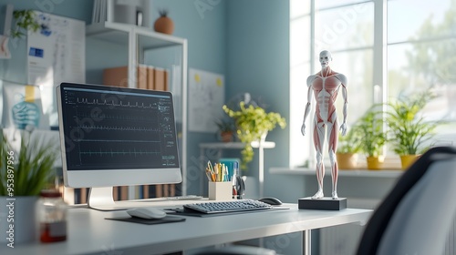 A serene medical environment with a doctor's office featuring a desk, computer, and anatomical models in the background photo