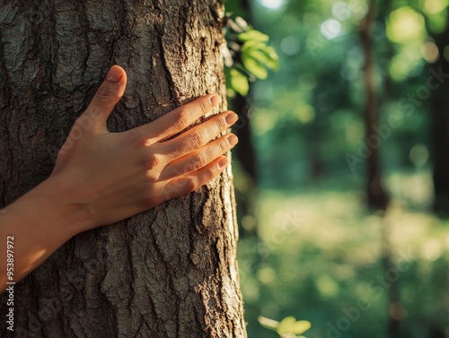 A person placing a hand on a tree, feeling a deep connection with nature, their expression one of peace and reverence