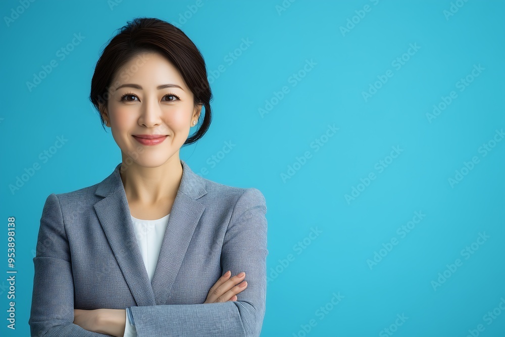 Confident Businesswoman Smiling in a Suit Against Blue Background Confident Businesswoman Smiling in a Suit Against Blue Background