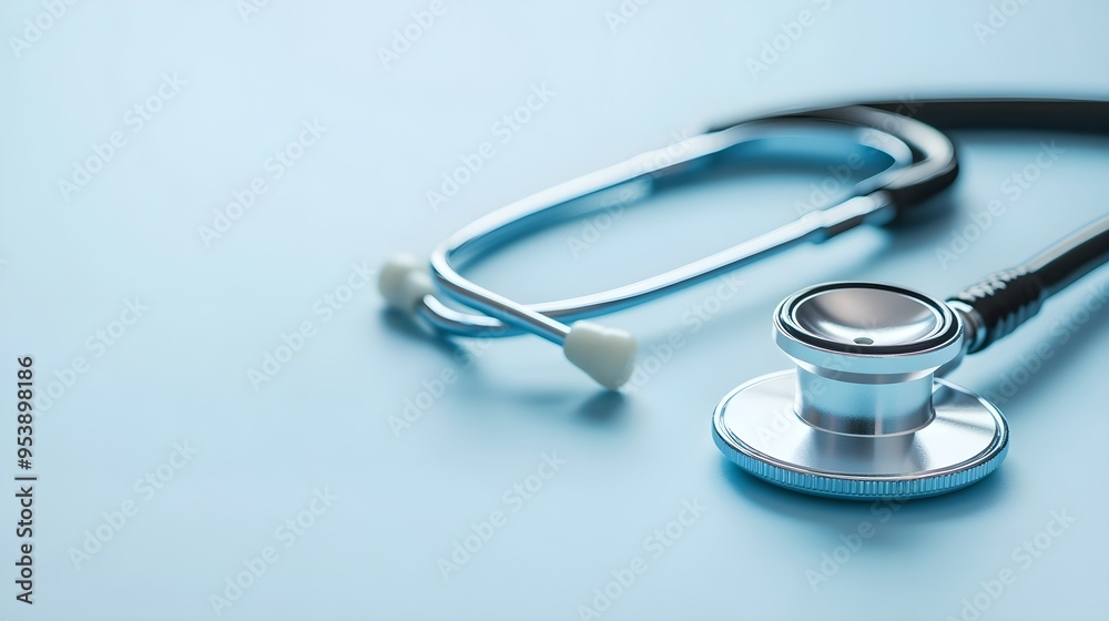 A close-up of a stethoscope resting on a light solid color background, highlighting its sleek design and polished finish A close-up of a stethoscope resting on a light solid color background, highlighting its sleek design and polished finish
