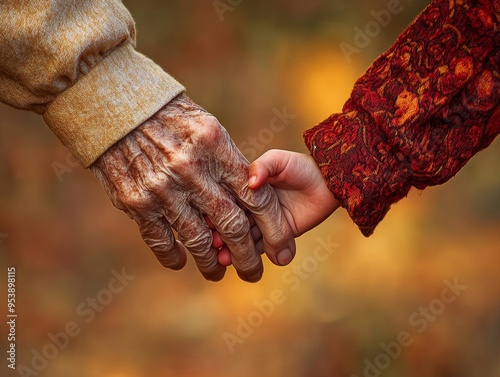 An elderly person and a child holding hands, bridging generations, their connection filled with warmth, wisdom, and innocence