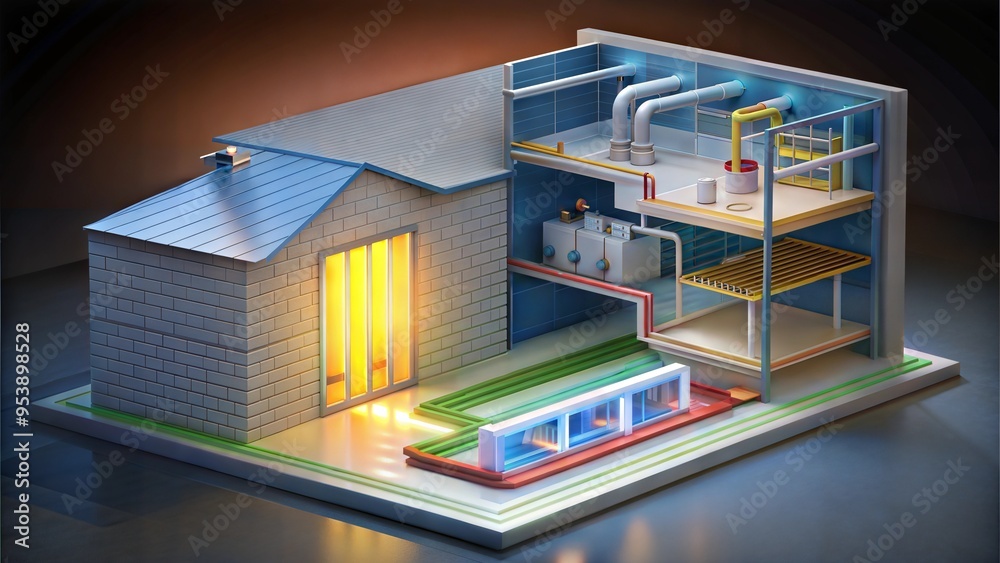 Industrial model of a building design with detailed piping and interior layout