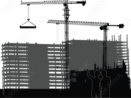 two workers and unfinished black house isolated on white