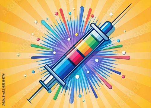 A modern, minimalist illustration of a stylized syringe with a bold, colorful vector design surrounding the needle, photo