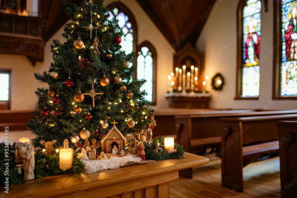 Traditional Christmas Tree in Countryside Church with Nativity Scene and Candlelit Decor Traditional Christmas Tree in Countryside Church with Nativity Scene and Candlelit Decor