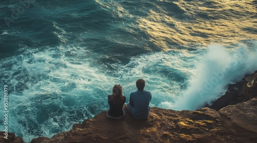 A couple sitting on a cliffside, watching the waves crash against the rocks below, their connection mirrored by the power of the ocean
