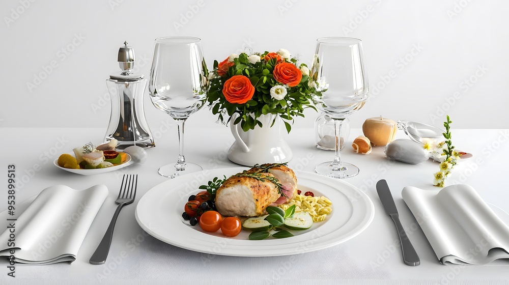 A clean white background with a 3D-rendered gourmet meal A clean white background with a 3D-rendered gourmet meal