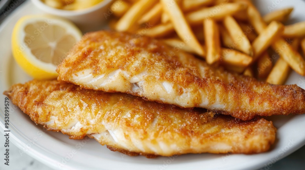 Fried Walleye Meal with French Fries and Lemon Wedge on Plate Fried Walleye Meal with French Fries and Lemon Wedge on Plate