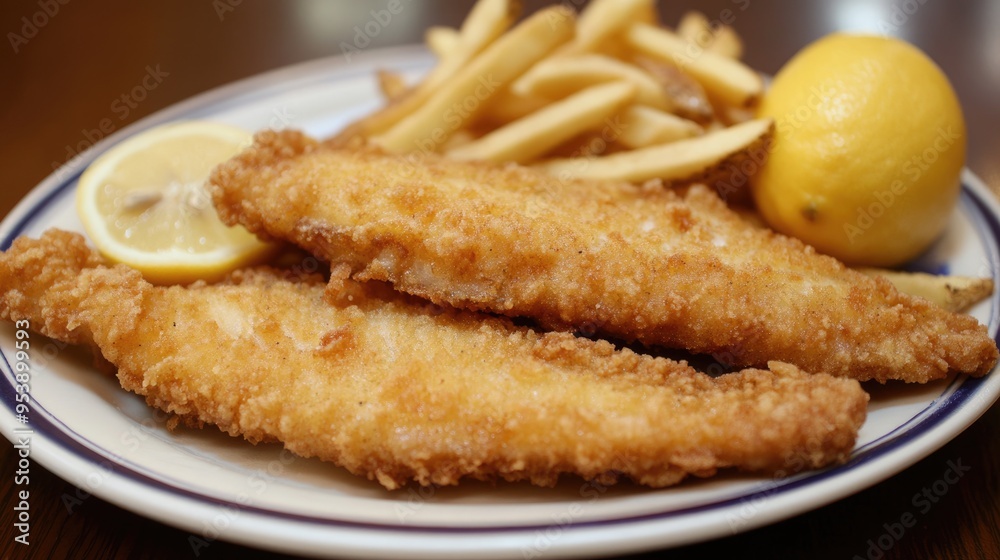 Fried Walleye Plate. Delicious Fish Meal with French Fries and Lemon Garnish Fried Walleye Plate. Delicious Fish Meal with French Fries and Lemon Garnish