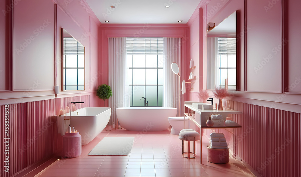 Modern bathroom with a single pink color scheme, round mirror and modern lighting Modern bathroom with a single pink color scheme, round mirror and modern lighting