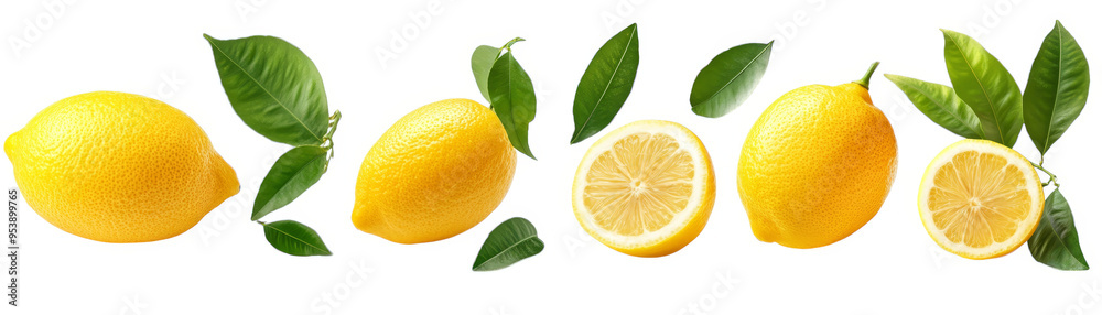 Fresh Lemons with Green Leaves Isolated on White Background