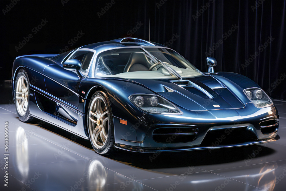 Obraz premium Sleek Blue Sports Car on Reflective Surface