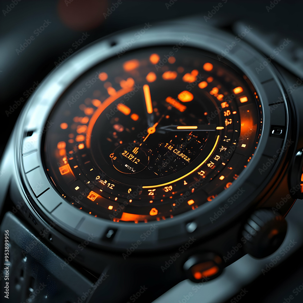 Orange Illuminated Wristwatch Closeup - 3D Render