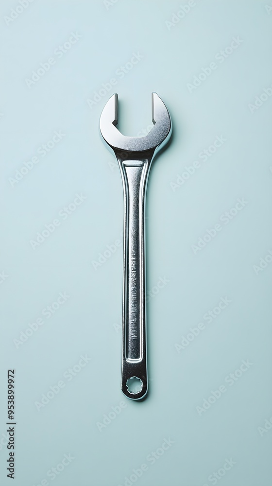 A close-up shot of a single mechanic tool, such as a wrench, placed on a light solid color background, showcasing its shine A close-up shot of a single mechanic tool, such as a wrench, placed on a light solid color background, showcasing its shine