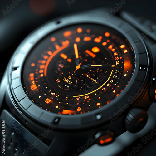 Orange Illuminated Wristwatch Closeup - 3D Render photo