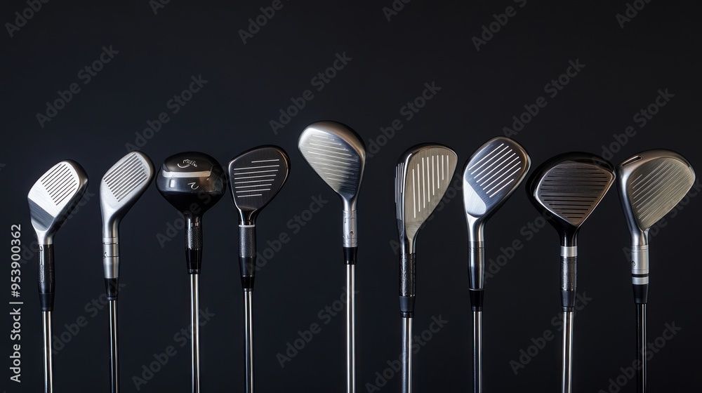 Golf Clubs Lineup Against Black Background Golf Clubs Lineup Against Black Background
