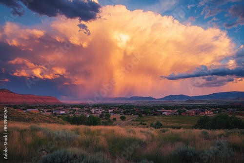 Hurricane Utah. Sunset Sky Landscape over City with Dramatic Clouds