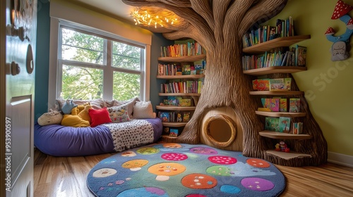 A vibrant and cozy reading nook in a children's room, featuring a big tree-shaped bookshelf and playful mushroom-themed rugs photo