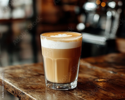 Warm Latte Art in a Glass on Rustic Wood Table CloseUp Perspective Warm Tones Coffee Shop Ambiance Coffee