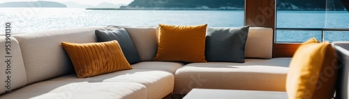 Cozy modern sofa with colorful pillows on a luxury yacht with a beautiful ocean view in the background, creating a serene atmosphere.