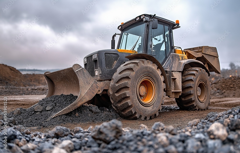 A skid steer loader emptying an excavator bucket of gravel during construction A skid steer loader emptying an excavator bucket of gravel during construction