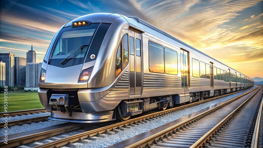 A modern, sleek railcar with metallic finish and bold graphics speeds along the tracks, conveying a sense of A modern, sleek railcar with metallic finish and bold graphics speeds along the tracks, conveying a sense of