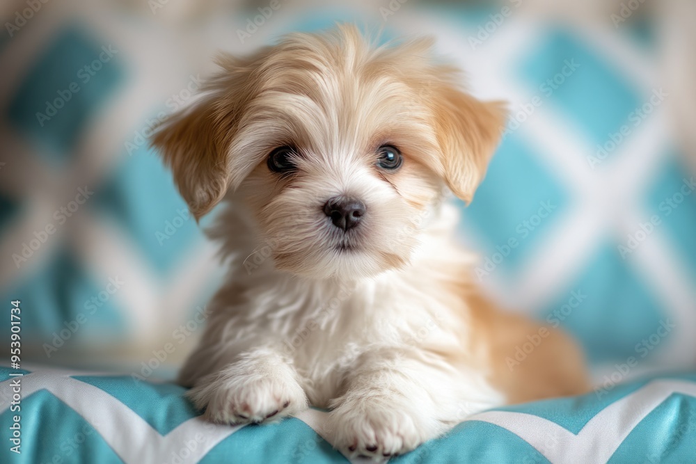 Morkie Puppy on Cream and Blue Diamond Background. Cute and Adorable Pet Dog Photo Morkie Puppy on Cream and Blue Diamond Background. Cute and Adorable Pet Dog Photo
