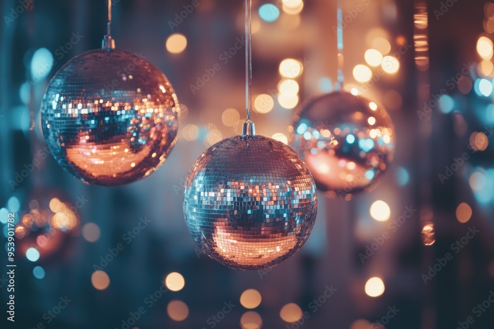 Fototapeta premium Nye Ball. Celebrate 2024 Anniversary with Disco Balls in Party Club Background