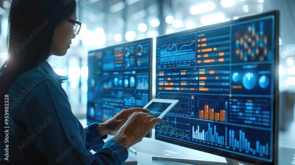 Businessperson using a digital tablet to analyze data and set business strategies. the intersection of technology and finance, showcasing graphical charts, statistical data. Generative AI. Businessperson using a digital tablet to analyze data and set business strategies. the intersection of technology and finance, showcasing graphical charts, statistical data. Generative AI.