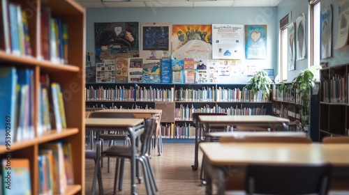 A classroom with posters and books related to mental health prominently displayed on shelves