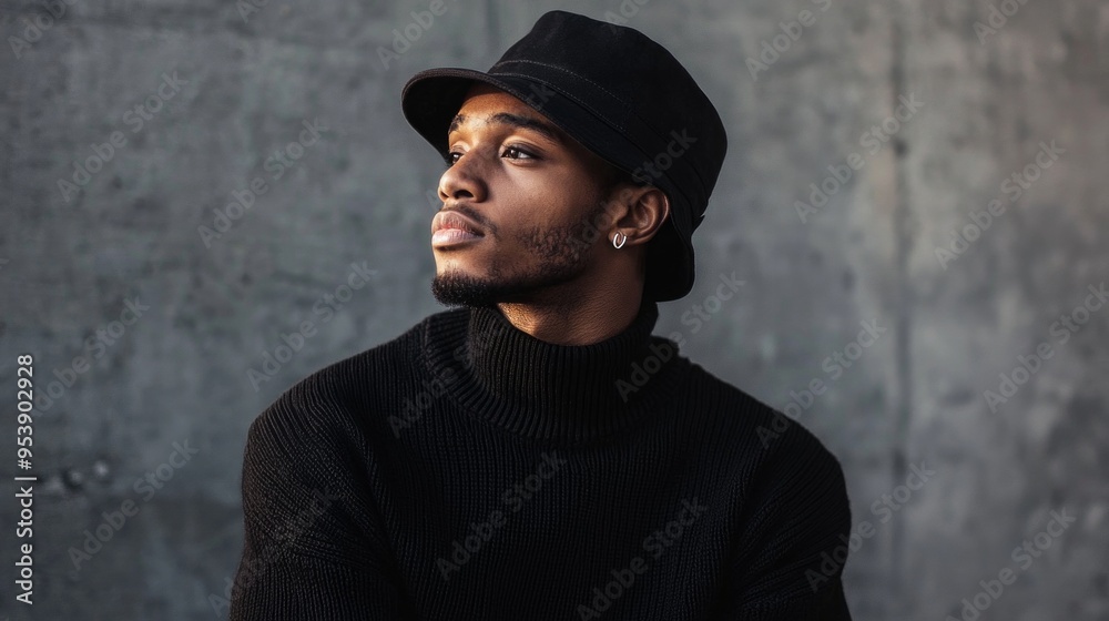 African American Man in black sweater and black bucket hat African American Man in black sweater and black bucket hat