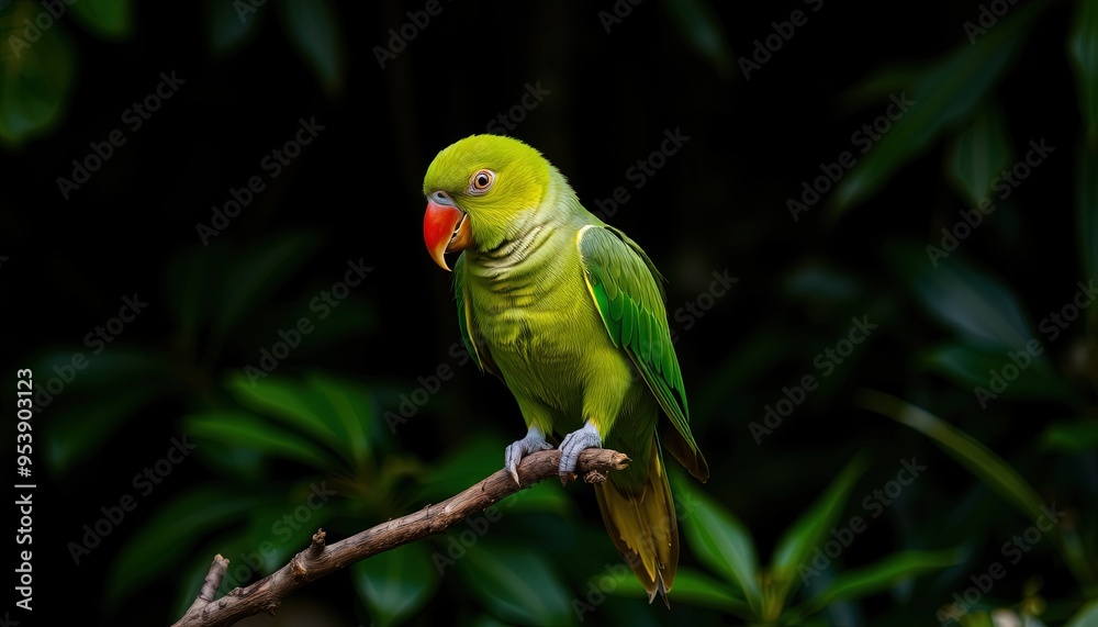 Green parrot with red beak and light blue rear crown sitting on twig isolated against dark green jungle background Green parrot with red beak and light blue rear crown sitting on twig isolated against dark green jungle background