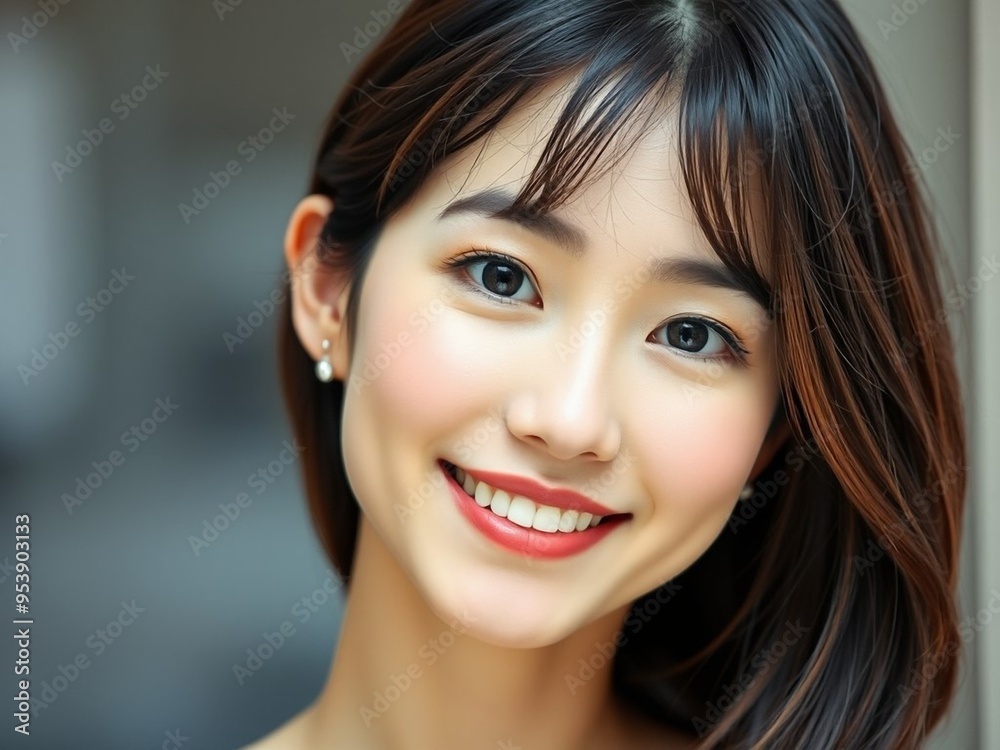 Random photo effect of a beautiful Japanese woman, natural makeup, fashionable haircut, round face, warmth, friendliness. Natural beauty Random photo effect of a beautiful Japanese woman, natural makeup, fashionable haircut, round face, warmth, friendliness. Natural beauty