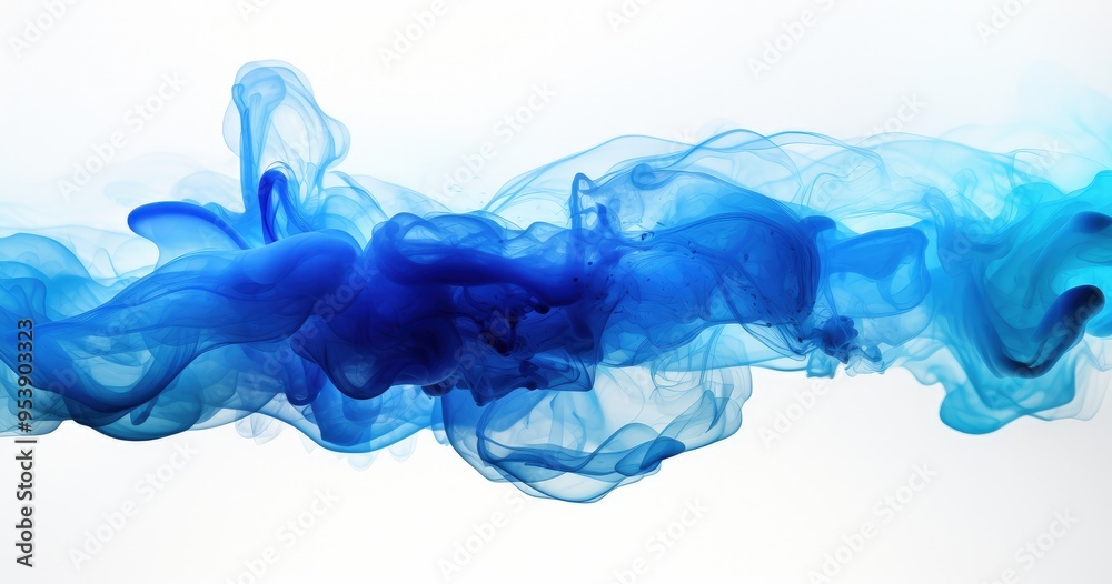 A flowing abstract design featuring shades of blue, resembling smoke or liquid on white background, creating a serene and dynamic visual effect.