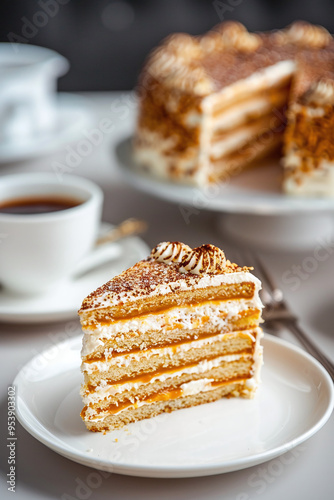 a slice of Russian Napoleon cake, showcasing its many delicate layers