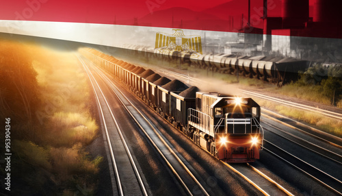 An industrial freight train moves through golden fields beneath an Egypt flag, representing the backbone of energy supply and transportation network.