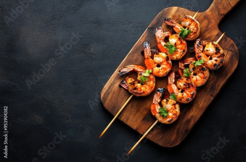 Grilled Shrimp Skewers on Wooden Board