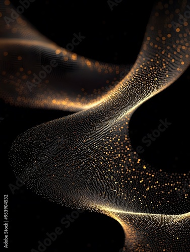 A sleek, dark background with a thin golden line forming the shape of waves or curves, the lines have intricate details and appear to be made up of tiny dots or particles,  modern digital art design