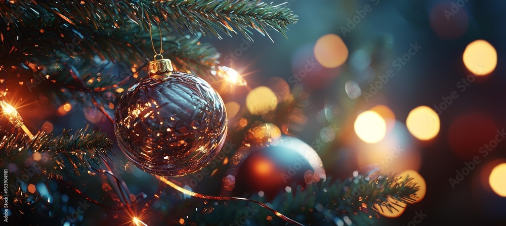Festive Christmas Tree with Glass Ornaments, Shimmering Tinsel, and Glowing Lights - Holiday Decoration Festive Christmas Tree with Glass Ornaments, Shimmering Tinsel, and Glowing Lights - Holiday Decoration
