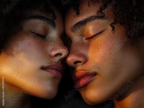 A close-up of two foreheads touching, eyes closed, capturing a moment of deep connection and understanding between two people