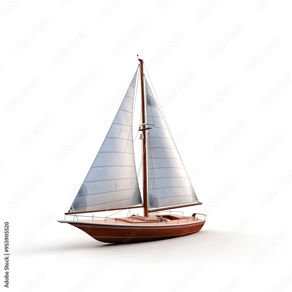 A sailboat with white sails isolated on a white background, creating a serene and peaceful view. Toy or a model for collection. A symbol of freedom and trawel A sailboat with white sails isolated on a white background, creating a serene and peaceful view. Toy or a model for collection. A symbol of freedom and trawel