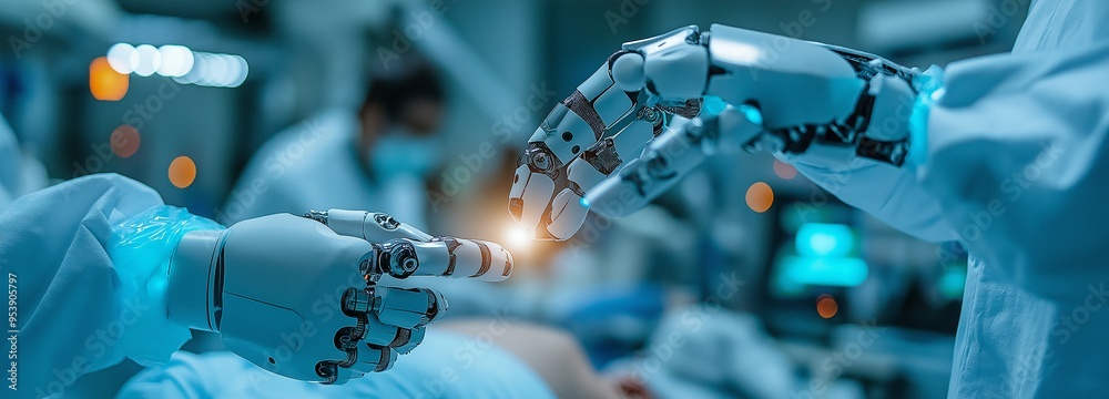 Using highly precise, programmable, automated humanoid robot arms to operate on patients at a state-of-the-art hospital Using highly precise, programmable, automated humanoid robot arms to operate on patients at a state-of-the-art hospital