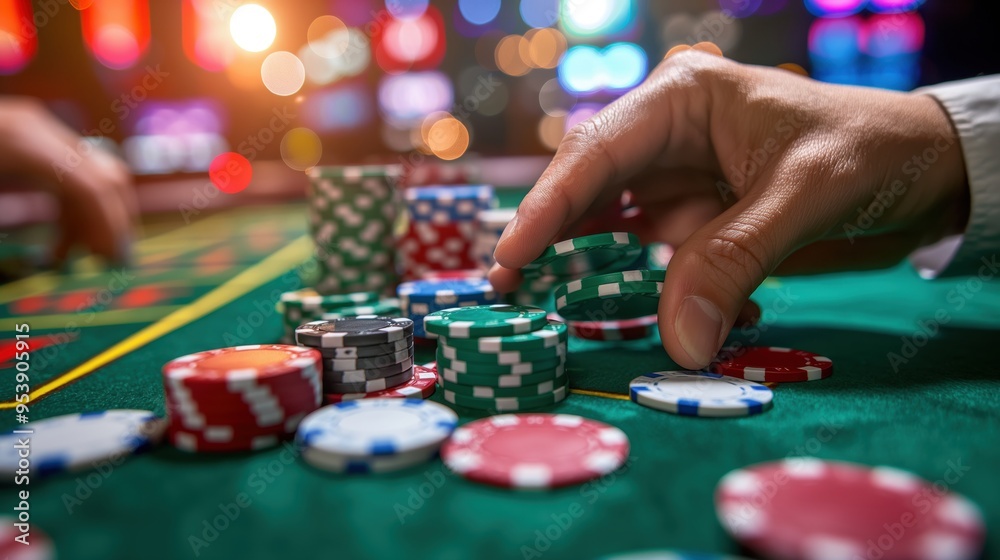 Close-Up of Hand Stacking Colorful Poker Chips on Casino Table with Blurred Background Lights Close-Up of Hand Stacking Colorful Poker Chips on Casino Table with Blurred Background Lights