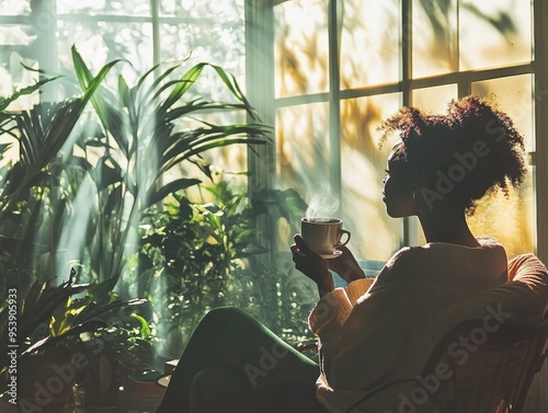 A person sitting in a bright sunroom, sipping coffee and looking out at the garden, their expression peaceful and content in the morning light