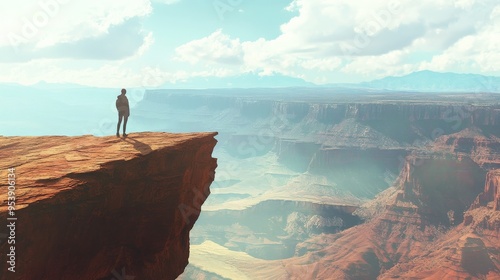 Solitary figure stands at the edge of a majestic canyon cliff, overlooking a vast and awe-inspiring landscape under a clear sky.