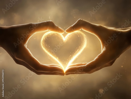 Two hands creating a heart shape together, with a soft light shining through, representing love and unity