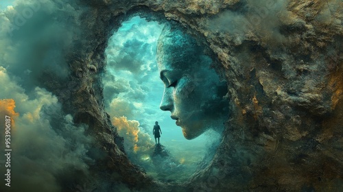 A person stepping through a mirror into a world where emotions take physical form, their reflection showing a face of curiosity and courage