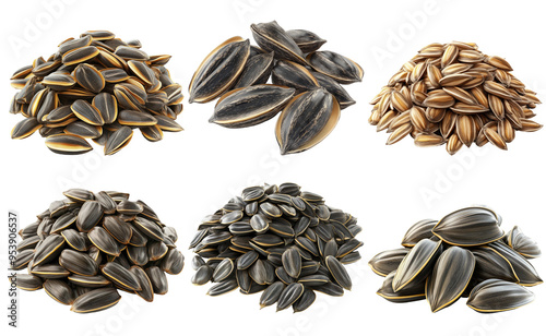 Assorted sunflower seeds in various piles isolated on transparent background photo