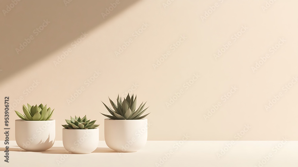Three Succulents in White Pots on Beige Background Three Succulents in White Pots on Beige Background